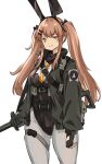  1girl :3 adapted_costume animal_ears black_leotard breasts brown_hair commentary english_commentary fake_animal_ears fingerless_gloves girls&#039;_frontline gloves green_jacket gun gun_on_back h&amp;k_ump hair_ornament hair_ribbon hairclip jacket large_breasts leotard long_hair looking_at_viewer mutugorou_u necktie pantyhose playboy_bunny rabbit_ears red_eyes ribbon scar scar_across_eye scar_on_face simple_background smile snap-fit_buckle solo submachine_gun thigh_strap twintails ump9_(girls&#039;_frontline) very_long_hair weapon weapon_on_back white_background white_pantyhose yellow_necktie 