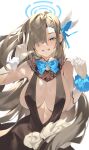  1girl absurdres animal_ears asuna_(blue_archive) bare_shoulders blue_archive blue_eyes blush bow bowtie breasts cleavage dress flower hair_over_one_eye halo highres ktr_(tpun2553) large_breasts long_hair looking_at_viewer no_bra scrunchie slingshot_dress smile solo v very_long_hair wrist_cuffs wrist_scrunchie 
