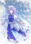  1girl hat highres holding holding_staff ice kyabekko letty_whiterock light_purple_hair long_sleeves looking_at_viewer perfect_cherry_blossom purple_eyes scarf snow snowflakes snowing staff tiara touhou white_headwear white_scarf wind 