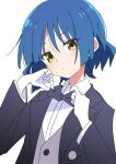  1girl black_bow blue_hair bocchi_the_rock! bow closed_mouth collared_shirt gloves ixy looking_at_viewer open_clothes shirt short_hair simple_background solo upper_body white_background white_gloves white_shirt yamada_ryo yellow_eyes 