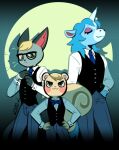  2020 animal_crossing anthro big_tail biped black_clothing black_nose black_topwear black_vest blonde_hair blue_bow_tie blue_hair blue_necktie bottomwear bow_tie clothed clothing domestic_cat equid equine eyes_closed eyewear facial_markings felid feline felis front_view glasses grey_body grey_bottomwear grey_clothing grey_pants group hair hand_in_pocket hands_on_own_hips head_markings horn julian_(animal_crossing) larger_male long_hair looking_at_viewer male mammal markings marshal_(animal_crossing) muzzle_(marking) necktie nintendo pants pockets raymond_(animal_crossing) rodent rosy_cheeks sciurid shirt short_hair size_difference smaller_male snout snout_markings somik standing tail topwear tree_squirrel trio unicorn unicorn_horn vest whiskers white_body white_clothing white_markings white_shirt white_topwear 