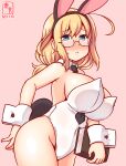  1girl bare_legs i-8_(kancolle) kanon_(kurogane_knights) kantai_collection leotard looking_at_viewer one-hour_drawing_challenge pink_background playboy_bunny solo strapless strapless_leotard white_leotard 