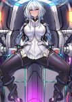  1girl ass_visible_through_thighs black_pants blush breasts fate/grand_order fate/prototype fate_(series) highres kutan large_breasts long_hair long_sleeves looking_at_viewer merlin_(fate/prototype) pants pointy_ears purple_eyes shirt sitting smile solo spread_legs sweat thighs white_hair white_shirt 
