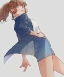  1girl :3 \m/ blue_jacket blue_skirt breasts brown_eyes brown_hair chanosuke denim denim_skirt dutch_angle hand_on_own_hip idolmaster idolmaster_cinderella_girls jacket medium_breasts miniskirt moroboshi_kirari ponytail shirt sidelocks skirt sleeves_rolled_up solo v-shaped_eyebrows white_shirt 