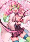 1girl :d akuo blush braid breasts center_opening cherry_blossoms cleavage cowboy_shot demon_slayer_uniform flower gradient_hair green_eyes green_hair green_thighhighs hair_between_eyes haori heart highres holding holding_sword holding_weapon japanese_clothes kanroji_mitsuri kimetsu_no_yaiba large_breasts long_hair long_sleeves looking_at_viewer mole mole_under_eye multicolored_hair open_clothes open_mouth partially_unbuttoned petals pink_flower pink_hair pink_lips shirt skindentation smile solo standing striped striped_thighhighs sword teeth thighhighs thighs twin_braids twintails two-tone_hair upper_teeth_only weapon wide_sleeves zettai_ryouiki 