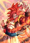  1boy 2094banana biceps blue_eyes body_fur dragon_ball dragon_ball_gt gogeta highres incoming_attack incoming_punch long_hair looking_at_viewer male_focus metamoran_vest monkey_boy monkey_tail muscular muscular_male no_nipples pants pectorals punching red_fur red_hair saiyan sash solo spiked_hair super_saiyan super_saiyan_4 tail white_pants 