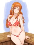  1girl alternate_costume arm_support bare_shoulders bikini breasts cleavage closed_mouth collarbone commentary cowboy_shot english_commentary floral_print hair_ornament highres jedbanner large_breasts light_blush lips long_hair looking_at_viewer nami_(one_piece) navel one_piece orange_eyes orange_hair print_bikini red_bikini red_nails shoulder_tattoo sidelocks signature smile solo stomach swimsuit tattoo wavy_hair 
