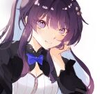  1girl absurdres blue_bow bow breasts cleavage closed_mouth commentary highres honkai_(series) honkai_impact_3rd long_hair long_sleeves looking_at_viewer mofumanju purple_eyes purple_hair raiden_mei sidelocks small_breasts smile solo upper_body 