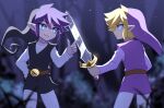  2girls belt black_headwear black_tunic blonde_hair blurry blurry_background brown_belt cowboy_shot dual_persona enni green_eyes grey_shirt hand_up highres holding holding_sword holding_weapon link long_sleeves looking_at_another multiple_girls pointy_ears profile purple_headwear purple_tunic shirt short_hair smile sword the_legend_of_zelda the_legend_of_zelda:_four_swords weapon 