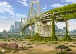  abandoned absurdres bridge cityscape cloud crescent_moon day dilapidated highres landmark minato_(tokyo) moon no_humans original outdoors overgrown post-apocalypse real_world_location ruins scenery ship sky tokyo_(city) tokyo_rainbow_bridge tokyo_tower tokyogenso watercraft wreckage 