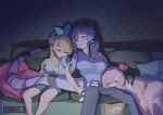  3girls absurdres alternate_costume blonde_hair chips_(food) controller food game_controller hand_on_another&#039;s_back head_wings highres multiple_girls nijisanji nijisanji_en pink_hair pomu_rainpuff potato_chips purple_hair rosemi_lovelock saliva selen_tatsuki sleeping sleeping_on_person tail taroko3 twitter_username virtual_youtuber wing_hug wings 