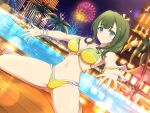  1girl aerial_fireworks bangle barefoot bead_bracelet beads bikini blue_eyes blush bow bracelet breasts building bush cleavage deck_chair fireworks floral_print green_bikini green_hair groin hair_bow highres hiyori_(senran_kagura) hut jewelry large_breasts looking_at_viewer navel night official_art outstretched_arms palm_leaf palm_tree pool senran_kagura senran_kagura_new_link short_hair sky smile solo spread_arms star_(sky) starry_sky swimsuit tree two-tone_bikini umbrella water wooden_floor yaegashi_nan yellow_bikini 