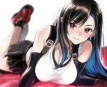  1girl black_hair black_skirt blue_hair blurry blurry_background breasts cleavage earrings final_fantasy final_fantasy_vii final_fantasy_vii_remake grin highres jewelry large_breasts looking_at_viewer lying miniskirt multicolored_hair nakahira_guy on_stomach parted_lips red_eyes red_footwear shoes single_earring skirt smile solo streaked_hair the_pose tifa_lockhart two-tone_hair 
