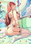  1girl ass back beach bikini breasts flower frilled_bikini frilled_wristband frills from_behind hair_between_eyes kirijou_mitsuru kneeling large_breasts long_hair looking_at_viewer looking_back maid maid_headdress persona persona_3 petals red_eyes red_flower red_hair signature skindentation sky solo summer swimsuit thighhighs thighs twitter_username watermark white_thighhighs yusi_(yushiart) 