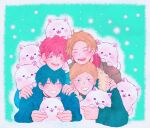  4boys bibibimix39 black_hair blonde_hair blue_background blush clone closed_eyes couple dog given hands_on_another&#039;s_shoulders kaji_akihiko kedama_(given) male_focus mouth_piercing multiple_boys nakayama_haruki open_mouth red_hair satou_mafuyu smile uenoyama_ritsuka white_dog yaoi 