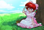  1girl blue_eyes bow breasts cherry cloud cloudy_sky dress food fruit grass hair_between_eyes open_mouth pink_bow pink_dress ranma-chan ranma_1/2 red_hair shadow sky solo tree wanta_(futoshi) 