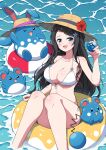  1girl absurdres aqua_eyes azumarill bare_arms bare_legs bikini black_hair braid breasts cleavage commentary_request commission crossover eggman_(pixiv28975023) floating flower hair_flower hair_ornament hat hat_flower hibiscus highres holding holding_poke_ball innertube long_hair looking_at_viewer ocean one_eye_closed outdoors poke_ball pokemon red_flower sidelocks skeb_commission smile straw_hat swimsuit thighs underboob very_long_hair virtual_youtuber white_bikini 