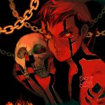  1boy black_background black_hair chain demi-fiend demon holding holding_skull horns looking_at_viewer male_focus red_theme saltycatfish shin_megami_tensei shin_megami_tensei_iii:_nocturne short_hair signature single_horn skull slit_pupils tattoo tumblr_username yellow_eyes 