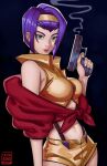  1girl artist_name black_background breasts calvin_sims cowboy_bebop faye_valentine green_eyes gun hairband holding holding_gun holding_weapon lipstick makeup navel purple_hair simple_background solo weapon yellow_hairband 