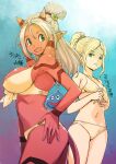  2girls anlucea blonde_hair breast_envy breasts closed_mouth colored_skin demon_girl dragon_quest dragon_quest_x green_eyes hair_ornament high_ponytail horns large_breasts long_hair looking_at_viewer maiyu_(dq10) multiple_girls muramasa_mikado navel open_mouth pointy_ears ponytail red_skin slime_(dragon_quest) smile spikes swimsuit tail tattoo white_hair 