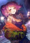  1girl black_tank_top blurry blurry_background breasts choker city coat cowboy_shot diagonal_bangs dutch_angle earrings from_side green_coat grey_shirt grin highres idolmaster idolmaster_shiny_colors jewelry large_breasts lips looking_at_viewer medium_hair night open_clothes open_coat otsudou purple_eyes purple_hair shirt short_sleeves short_twintails smile solo tanaka_mamimi tank_top twintails 
