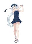  1girl 40hara aqua_eyes black_headwear blue_hair blue_shirt blue_skirt full_body golf_club hair_through_headwear hands_up highres holding holding_golf_club iya_na_kao_sare_nagara_opantsu_misete_moraitai light_blue_hair long_hair miniskirt open_mouth polo_shirt ponytail shirt shoes simple_background skirt sleeveless sleeveless_shirt sneakers solo swinging teeth thighs upper_teeth_only very_long_hair visor_cap white_background 