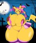  anthro armwear bencs big_breasts breasts brown_nipples clothing collar female generation_1_pokemon halloween hat headgear headwear hi_res holidays huge_breasts legwear nintendo nipples pikachu pokemon pokemon_(species) rai_(nikuzi) solo stockings wand witch_hat yellow_body 