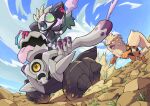  arcanine blue_sky brown_eyes chasing cloud day dust_cloud fangs grafaiai grass green_eyes highres on_ground open_mouth pokemon pokemon_(creature) q-chan revavroom riding riding_pokemon rock sky tongue tongue_out yellow_eyes 