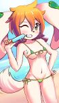  anthro basset beach bikini blush canid canine canis clothing domestic_dog female fluffy fluffy_tail food freedom_planet galaxytrail hair hi_res lamirie looking_at_viewer mammal micro_bikini milla_basset orange_hair pinup popsicle pose seaside smile solo swimwear tail 