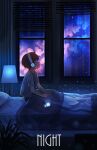  1boy blinds blue_theme brown_hair closed_eyes commentary digital_media_player galaxy grey_shirt headphones highres light_particles male_focus night night_sky original pasoputi scenery shirt shooting_star short_hair short_sleeves sky solo star_(sky) starry_sky under_covers 