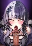 1boy 1girl after_fellatio bar_censor black_hair blunt_bangs blush breasts censored choker cleavage coat cum cum_in_mouth cum_on_tongue dress erection fellatio fur_trim hetero highres hololive hololive_english kajimakoto lace lace_choker large_breasts licking licking_penis looking_at_viewer medium_hair multicolored_hair open_mouth oral penis shiori_novella solo_focus split-color_hair testicles tongue tongue_out two-tone_hair uvula veins veiny_penis virtual_youtuber white_hair yellow_eyes 