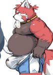  2023 absurd_res ailurid anthro belly belly_grab big_belly black_body bodily_fluids bulge cai1448331577 clothing duo genitals hi_res kemono male mammal moobs nipples overweight overweight_male penis red_body red_panda solo_focus tears underwear 