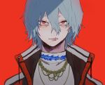  1boy ametaro_(ixxxzu) boku_no_hero_academia flame_print grey_hair jacket jewelry looking_at_viewer male_focus necklace red_background red_eyes red_jacket scar scar_on_face shigaraki_tomura short_hair simple_background solo wrinkled_skin 
