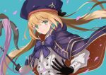  1girl artoria_caster_(fate) artoria_pendragon_(fate) black_gloves blonde_hair blue_cape buttons cape dress fate/grand_order fate_(series) gloves green_eyes hat holding holding_staff long_hair long_sleeves looking_at_viewer multicolored_cape multicolored_clothes staff touchika twintails white_dress 