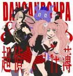  2girls :p ;d akanbe bear_hair_ornament black_bra black_choker black_dress black_gloves black_headwear black_horns black_nails black_shirt blonde_hair blue_eyes bow bra breasts character_request choker cleavage collarbone copyright_name corner_(corner29452966) danganronpa:_trigger_happy_havoc danganronpa_(series) dress enoshima_junko fingerless_gloves gloves hair_ornament hand_on_own_knee highres horns large_breasts leaning_forward long_hair looking_at_viewer master_detective_archives:_rain_code miniskirt monokuma multicolored_hair multiple_girls nail_polish necktie one_eye_closed pink_eyes pink_hair plaid plaid_skirt pleated_skirt red_bow red_nails red_skirt shinigami_(rain_code) shirt skirt sleeves_rolled_up smile thighhighs tongue tongue_out translation_request twintails two-tone_hair underwear zettai_ryouiki 