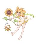  1girl :d apuferu barefoot blonde_hair blush commentary dress fang flower hair_between_eyes holding holding_flower looking_at_viewer orange_eyes original simple_background sleeveless sleeveless_dress smile solo sunflower symbol-only_commentary thick_eyebrows translation_request white_background white_dress yellow_flower 