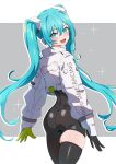  1girl :d aqua_eyes aqua_hair ass asymmetrical_gloves black_bodysuit black_gloves blush bodysuit bodysuit_under_clothes cowboy_shot crop_top from_behind gloves goodsmile_racing green_gloves grey_background hatsune_miku highres kamidan long_hair long_sleeves looking_at_viewer looking_back mismatched_gloves open_mouth racing_miku racing_miku_(2022) revision single_thighhigh skindentation smile solo sparkle thighhighs twintails two-tone_background very_long_hair vocaloid white_background 