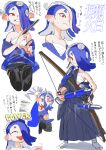 1girl ^^^ anger_vein bare_shoulders black_kimono black_pants blue_hair blue_shirt bow_(weapon) chest_sarashi closed_mouth ear_piercing english_text flat_chest grin hachimaki hadanugi_dousa hair_over_one_eye hand_fan headband highres holding holding_bow_(weapon) holding_fan holding_weapon itou_(golem_inc) japanese_clothes kimono multiple_views nejiri_hachimaki off_shoulder pants piercing sarashi see-through see-through_shirt shirt shiver_(splatoon) smile smirk splatoon_(series) splatoon_3 surprised sweatdrop tabi tentacle_hair tongue tongue_out translation_request tri-stringer_(splatoon) weapon wide_sleeves 