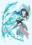  1girl artist_name blue_background blue_capelet blue_eyes blue_hair blue_sash capelet clenched_hand dragon_horns dragon_tail elbow_gloves floating_hair frills gloves horns hydrokinesis leotard light_blue_hair long_hair long_sleeves nami&#039;oyogi_kanemitsu open_mouth outstretched_arm platform_footwear pointy_ears sash short_eyebrows solo tail teeth tenka_hyakken thighhighs upper_teeth_only v-shaped_eyebrows water wide_sleeves yu_sakurai06 
