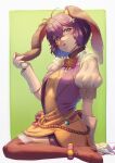  1girl aduti_momoyama ahoge animal_ears arm_behind_back bangs belt bernadetta_von_varley bernadetta_von_varley_(spring) bike_shorts boots bow bowtie breasts brown_hairband brown_thighhighs cleavage crossed_bangs dress eyelashes fake_animal_ears fake_tail fire_emblem fire_emblem:_three_houses fire_emblem_heroes flower gloves grey_eyes hair_between_eyes hair_flower hair_ornament hairband hand_up highres official_alternate_costume open_clothes open_mouth open_vest pink_belt pink_bow pink_bowtie polka_dot puffy_short_sleeves puffy_sleeves purple_hair purple_shorts purple_vest short_hair short_sleeves shorts sitting small_breasts solo tail thigh_boots thighhighs vest wariza white_flower white_gloves yellow_dress yellow_gloves 