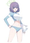  1girl asicah blue_archive blue_eyes blue_jacket blush breasts commentary halo helmet highres jacket long_sleeves looking_at_viewer navel official_alternate_costume purple_hair saki_(blue_archive) saki_(swimsuit)_(blue_archive) short_hair simple_background solo swimsuit white_background 