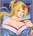  1girl absurdres blonde_hair blue_background blue_kimono breasts brown_eyes chain cleavage collarbone commentary_request cuffs cup fang fingernails high_ponytail highres holding holding_cup horns hoshiguma_yuugi hoshiguma_yuugi_(kimono) japanese_clothes kimono large_breasts long_hair looking_at_viewer matsuri_kyuuta off_shoulder official_alternate_costume open_mouth parted_bangs red_horns sakazuki shackles sidelocks single_horn smile solo star_(symbol) touhou traditional_media upper_body 
