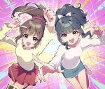  2girls \m/ abstract_background arms_up bead_bracelet beads blush bow bracelet breasts brown_eyes brown_hair cowboy_shot dot_nose fujii_tomo fur-trimmed_thighhighs glint green_hair green_skirt hair_bow hair_ornament hair_ribbon hair_scrunchie hands_up high_ponytail hikaru(hkr_mm7) holding holding_spoon hori_yuko idolmaster idolmaster_cinderella_girls idolmaster_cinderella_girls_starlight_stage index_finger_raised jacket jewelry leg_up long_hair long_sleeves looking_at_viewer medium_breasts miniskirt multiple_girls necklace open_mouth pencil_skirt pink_background pink_footwear pink_scrunchie pleated_skirt ponytail reaching reaching_towards_viewer red_skirt ribbon scrunchie shirt shoes skirt smile socks spoon standing standing_on_one_leg two-tone_thighhighs v-shaped_eyebrows wavy_hair white_ribbon white_shirt white_socks yellow_jacket 