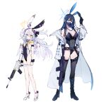  2girls alternate_costume animal_ears assault_rifle azusa_(blue_archive) black_leotard black_mask blue_archive boots breasts cleavage coat commentary_request crossed_bangs flat_chest flower full_body gun hair_between_eyes hair_flower hair_ornament halo high_heel_boots high_heels highres jacket large_breasts leotard long_hair looking_at_viewer low_wings m4_carbine mameojitan mask mouth_mask multiple_girls neckerchief open_clothes open_jacket playboy_bunny purple_flower rabbit_ears rifle saori_(blue_archive) sidelocks sig_516 sig_sauer simple_background sleeveless snap-fit_buckle standing strapless strapless_leotard thighhighs weapon white_background white_coat white_hair white_wings wing_ornament wings yellow_neckerchief 