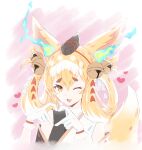  1girl ;d absurdres animal_ears bell blonde_hair dragalia_lost fang fox_ears fox_girl fox_tail gloves hair_bell hair_between_eyes hair_ornament hair_rings heart heart_hands highres japanese_clothes kuzunoha_(dragalia_lost) one_eye_closed open_mouth orcinus666 skin_fang smile solo tail upper_body white_gloves 