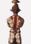  1boy absurdres alternate_costume ass back_tattoo bara bound bound_arms bound_legs dorohedoro en_(dorohedoro) facing_away from_behind highres jewelry loincloth male_focus muscular muscular_male mushroom necklace red_hair rope shibari short_hair smokerichi solo spiked_hair tattoo topless_male 
