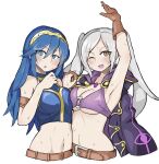  2girls arm_up armband armpits asymmetrical_docking belt bikini blue_bikini breast_press breasts brown_belt brown_gloves cleavage commentary_request crop_top cropped_torso fire_emblem fire_emblem_awakening fire_emblem_cipher fire_emblem_heroes gloves holding_hands interlocked_fingers jacket jacket_on_shoulders large_breasts long_hair lucina_(fire_emblem) medium_breasts multiple_girls navel o-ring o-ring_bikini official_alternate_costume one_eye_closed open_mouth purple_bikini robin_(female)_(fire_emblem) robin_(fire_emblem) sleeveless smile sweat swimsuit tiara twintails underboob white-stew 