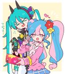  &gt;_&lt; 2girls aqua_hair black_gloves black_horns blue_eyes blue_hair blue_skirt border cellphone choker closed_eyes commentary curly_hair double_bun dragon_miku_(project_voltage) fairy_miku_(project_voltage) fake_horns fangs flower flying_sweatdrops gloves hair_bun hair_flower hair_ornament hand_up hatsune_miku heart heart_choker highres holding holding_phone horns long_hair long_sleeves multicolored_hair multiple_girls nail_polish neckerchief notice_lines op_na_yarou open_mouth outstretched_arm phone pink_choker pink_hair pink_nails pink_sweater plaid plaid_skirt pokemon project_voltage red_flower scrunchie sidelocks skirt smartphone smile sweater symbol-only_commentary taking_picture twintails two-tone_hair v very_long_hair vocaloid white_border white_neckerchief wrist_scrunchie yellow_flower yellow_scrunchie 