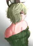  1girl absurdres bare_shoulders black_headwear breasts closed_mouth commentary_request gradient_background green_eyes green_hair hat highres looking_at_viewer looking_back off_shoulder short_hair soga_no_tojiko takana_(forsterite) tate_eboshi touhou upper_body 