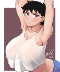  1girl absurdres arms_up black_hair breasts freckles glasses highres jane_(nesz) looking_at_viewer nesz_r purple_eyes shirt short_hair shorts signature t-shirt 